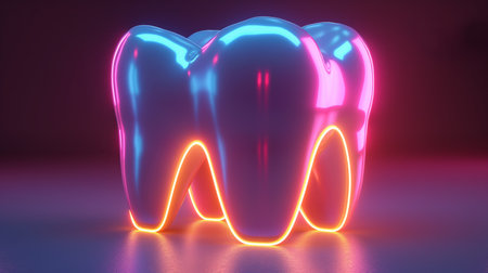 3d render of tooth with neon light. Dentistry concept.の素材