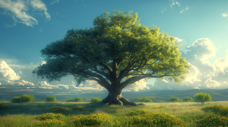 Old oak tree in the meadow at sunset. 3d renderの素材