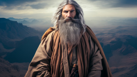 Handsome bearded man with long gray beard and mustache in the desertの素材