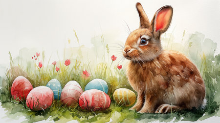 watercolor Happy Easter Bunny with many colorful easter eggs.の素材