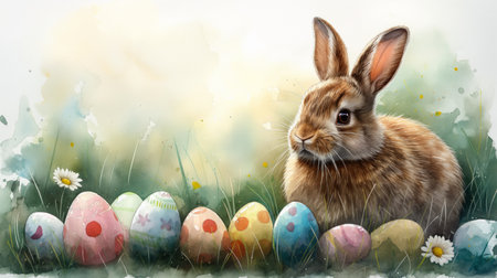 watercolor Happy Easter Bunny with many colorful easter eggs.の素材