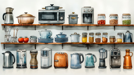 Watercolor of appliance equipment for the kitchen set cooking.の素材