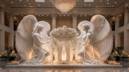 gracefully carved ice sculpture cupid takes center stage in the beautifully decorated wedding hall.の素材