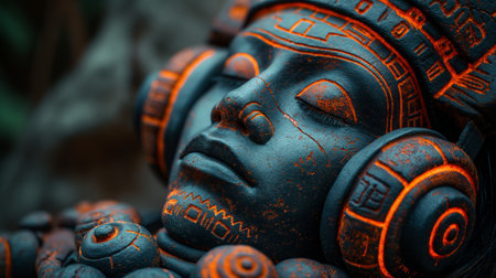 ancient stone sculpture of a beautiful young mayan woman sleeping wearing neon headphones.の素材