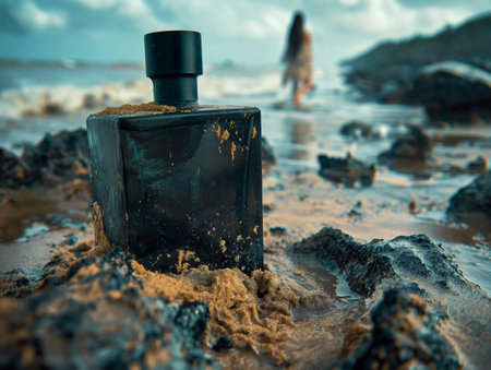 a black perfume bottle on the night beach.の素材