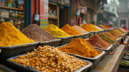 Stalls laden with mounds of brightly colored spices.の素材