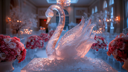 An ice sculpture of a swan stands in the center of the beautifully decorated wedding hall.の素材