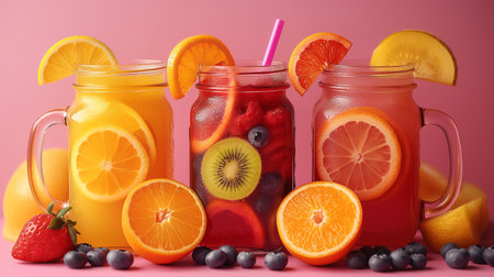 juicy colorful fruits and juice mason jars.の素材