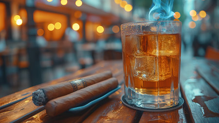 A Cuban cigar rests in an ashtray on a wooden table, next to a glass of whiskey.の素材