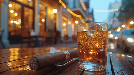 A Cuban cigar rests in an ashtray on a wooden table, next to a glass of whiskey.の素材