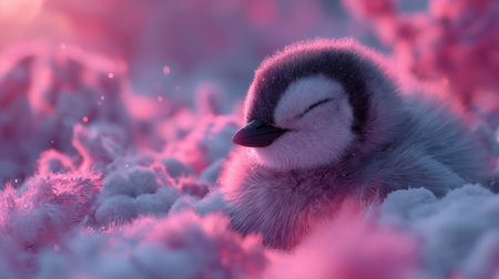 cute little Penguin sleeping on clouds.の素材