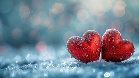 Two red hearts on light blue background.の素材