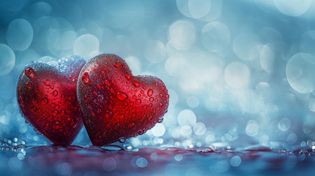 Two red hearts on light blue background.の素材