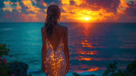 girl in a shining dress stands with her back against the background of the dark sky and the blue sea.の素材