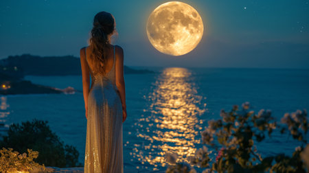 girl in a shining dress stands with her back against the background of the dark sky and the blue sea.の素材