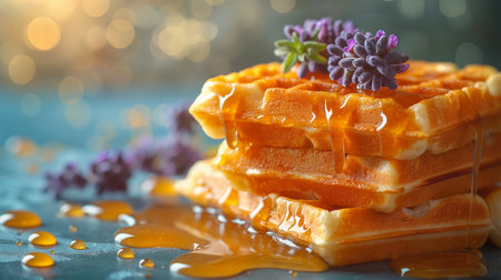 Honey with waffles on a white background.の素材