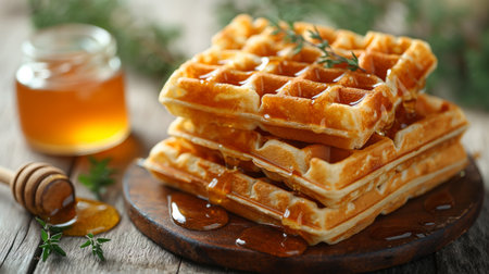 Honey with waffles on a white background.の素材