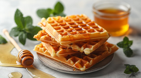 Honey with waffles on a white background.の素材