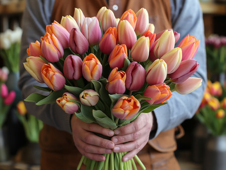 man hands holding big bouquet of tulips.の素材