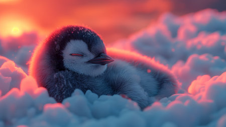 cute little Penguin sleeping on clouds.の素材