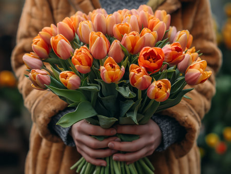 man hands holding big bouquet of tulips.の素材