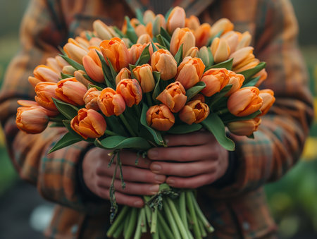 man hands holding big bouquet of tulips.の素材