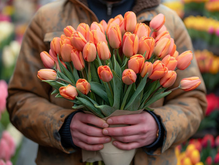 man hands holding big bouquet of tulips.の素材