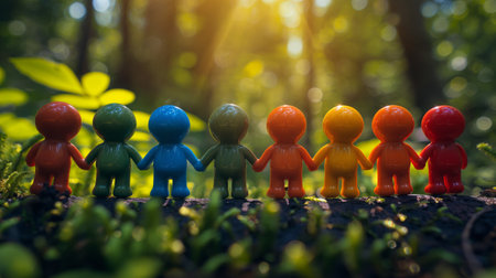 Concept of group of little colorful people holding hands.の素材