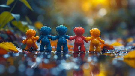 Concept of group of little colorful people holding hands.の素材