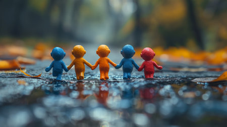 Concept of group of little colorful people holding hands.の素材