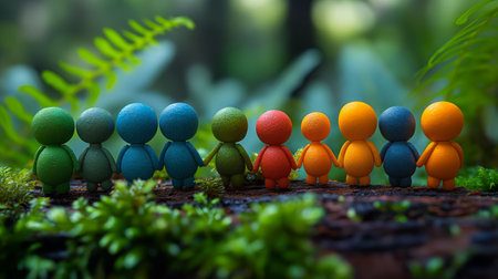 Concept of group of little colorful people holding hands.の素材
