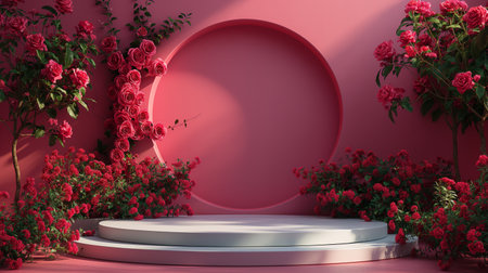 empty 3d minimal podium for product placement with red rose background.の素材