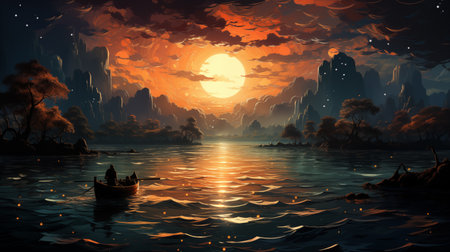 boat on lake on the sunset background.の素材