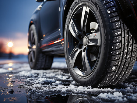 Black car with winter tires on the road. 3d rendering.の素材