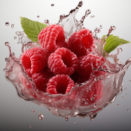 raspberries falling into water.の素材