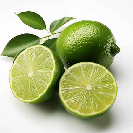 lime with leaves on the white background.の素材