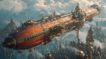 bustling steampunk airship docking at a floating city.の素材