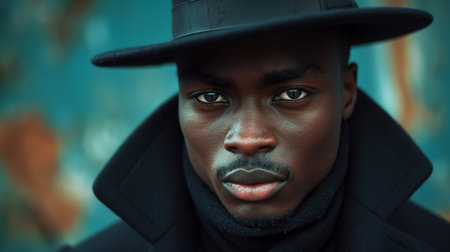 handsome african american male in all black suit and a black hat.の素材