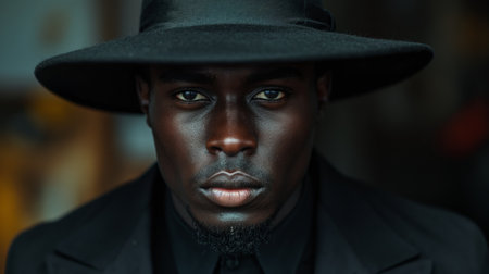 handsome african american male in all black suit and a black hat.の素材