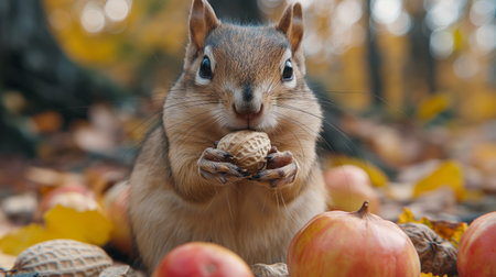 Chipmunk eats peanuts on the green park background.の素材