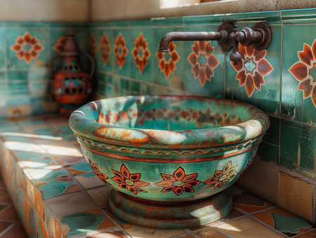 wash basin in the Moroccan style with a color painting in a white light bath.の素材