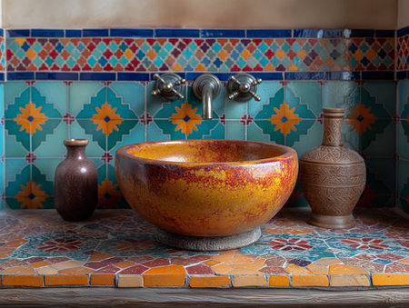wash basin in the Moroccan style with a color painting in a white light bath.の素材