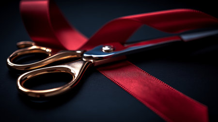 golden scissors cut a red ribbon on a black background.の素材