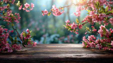 Wooden table with spring leaves and flowers on bokeh background.の素材