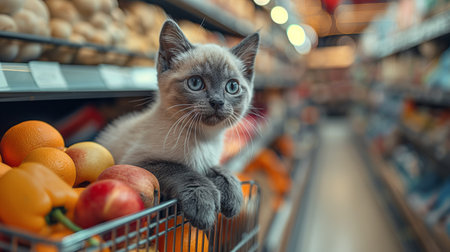 Siamese cat in shopping cart in the supermarket.の素材