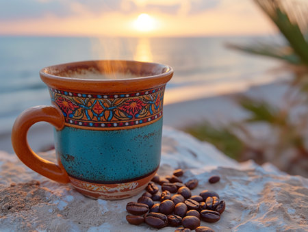 hot coffee in a cup on the sea background.の素材