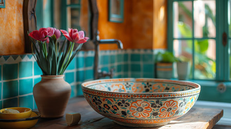 Moroccan-style bath with colorful painting in a light white bathtub.の素材