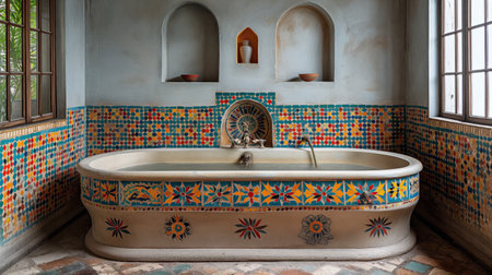 Moroccan-style bath with colorful painting in a light white bathtub.の素材