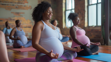 Relaxing pregnant women sitting on yoga mat at yoga class.の素材