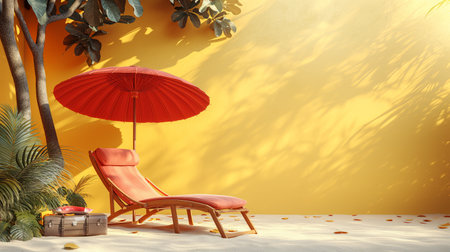 Summer yellow background with palm leaf shadow and cozy chair.の素材